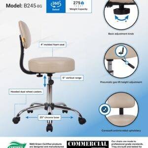 Boss Be Well Medical Spa Professional Adjustable Stool with Back, Beige