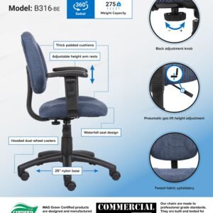 Boss Perfect Posture Deluxe Office Task Chair with Adjustable Arms, Blue