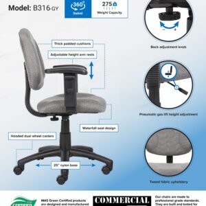 Boss Perfect Posture Deluxe Office Task Chair with Adjustable Arms, grey