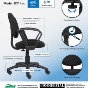Boss Perfect Posture Deluxe Office Task Chair with Loop Arms, Black