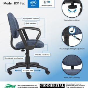 Boss Perfect Posture Deluxe Office Task Chair with Loop Arms, Blue