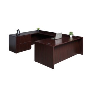 Boss Holland Series 66 Inch Executive U-Shape Desk with Lateral File and Credenza, Mahogany