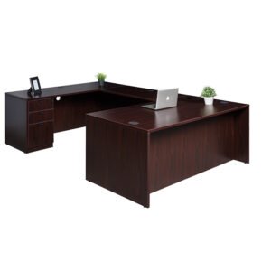 Boss Holland Series 71 Inch Executive U-Shape Desk with File Storage Pedestal, Mahogany